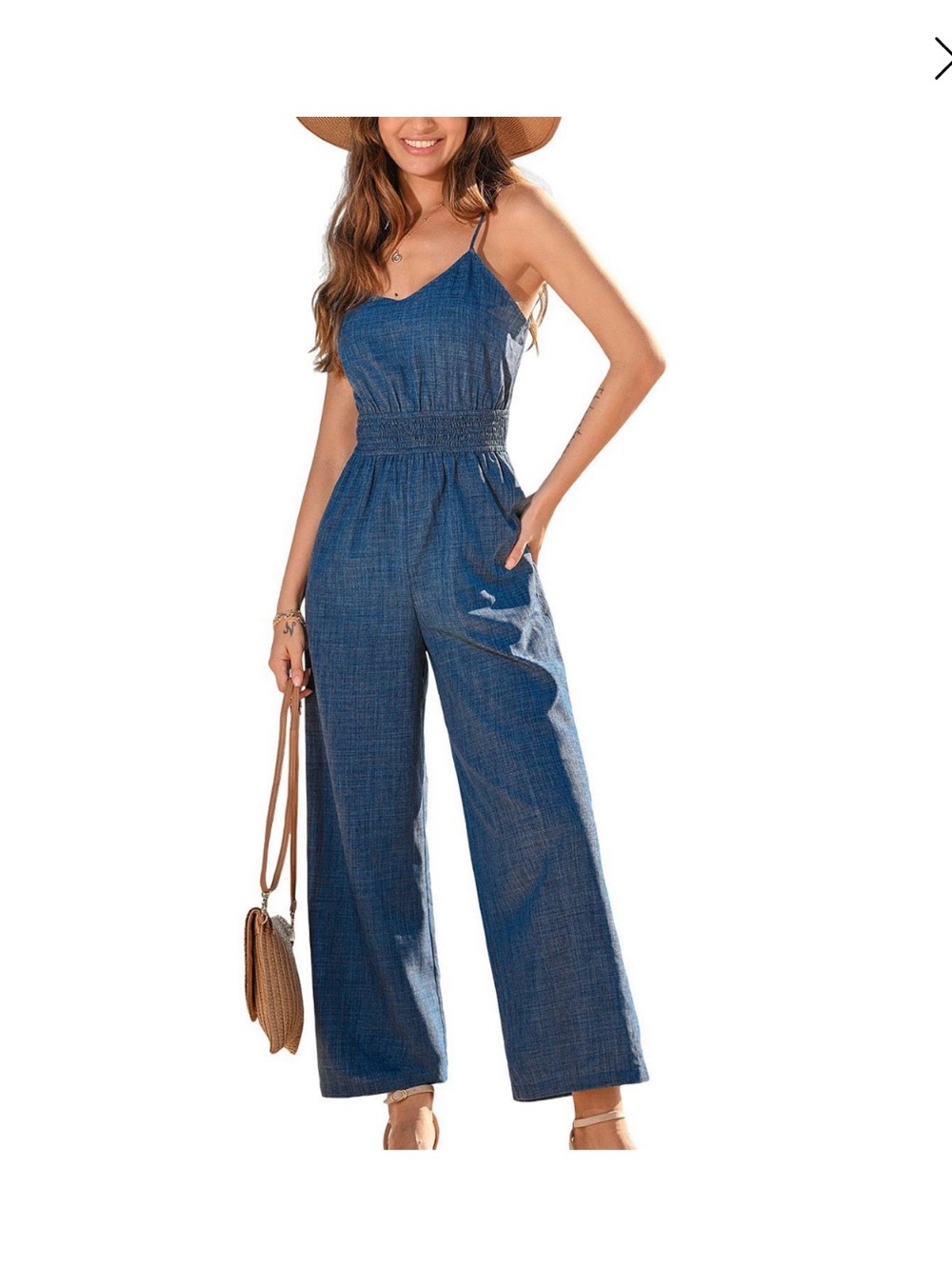 Cupshe Denim-Look Smocked Waist Wide-Leg Jumpsuit in Blue